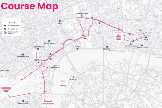 A map of central London showing the Vitality 10K route in a pink line