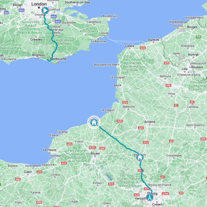 A map of the bottom of England and top of France, showing the cycling route from London to Paris