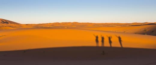 Shadows of trekkers on a dune