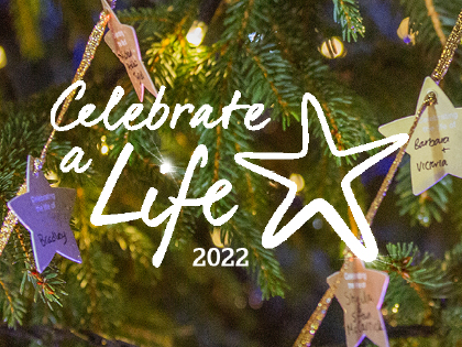 Christmas tree branches with Celebrate a Life Stars on them. In front is a star logo and text reading 'Celebrate a Life 2022'