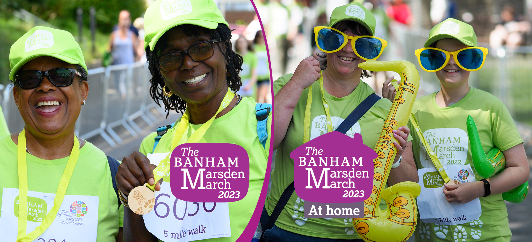 People smiling and taking part in the banham marsden march and The Banham Marsden March at home. Both logos are displayed on top of the photos. 