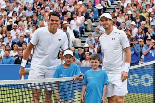 Finals day at the Aegon Championships in 2016 - Lewis Houghton and Cameron Austin with tennis stars Andy Murray and Milos Raonic.