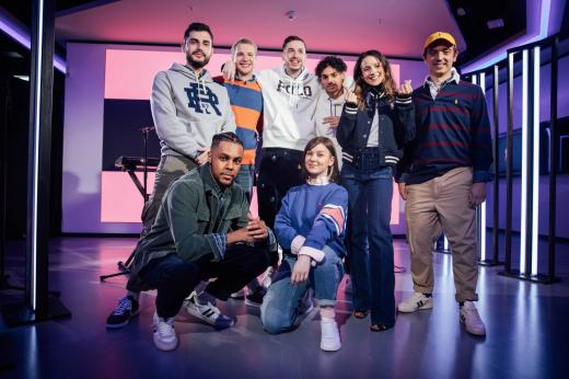 G2 Esports players and hosts at the LVL World of Gaming studio in Berlin