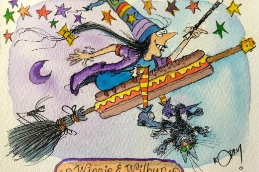 A colourful illustration of children's book characters Winnie the Witch and her black cat Wilbur riding on a broom surrounded by stars
