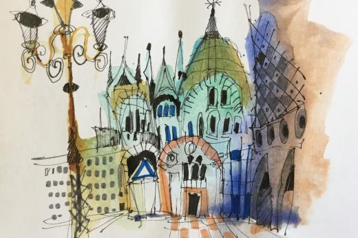 A stylistic colourful line-work and watercolour sketch of St Marks Square in Venice