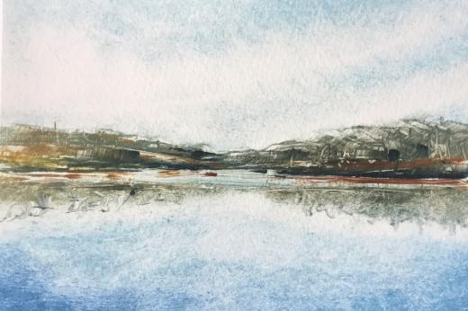 Watercolour painting of a lake scene with reflections in the water