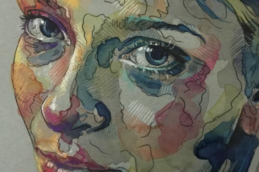 A colourful line work portrait of a woman's face 