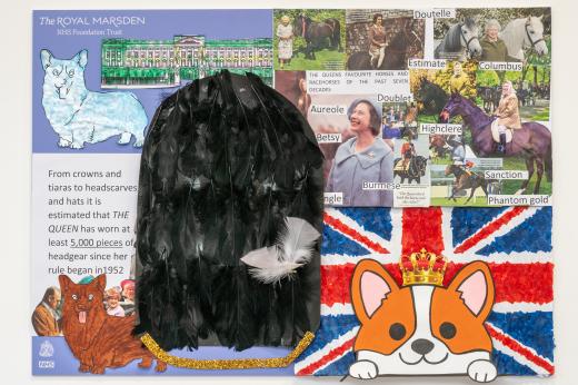 Artwork showing the Queen, Corgis, a bearskin and her favourite racehorses