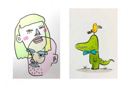 faces illustration and crocodile illustration