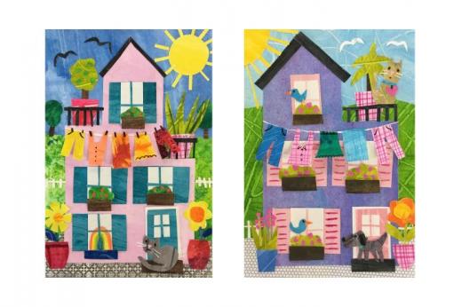 Colourful collages of a pink and purple house