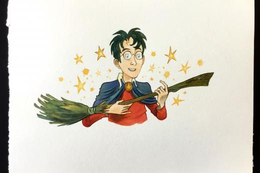 Colourful illustration of Harry potter holding a broomstick