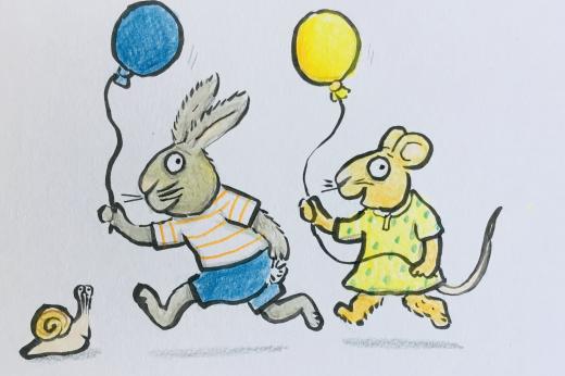Pip and Posy - an Illustration of a rabbit and a mouse holding blue and yellow balloons
