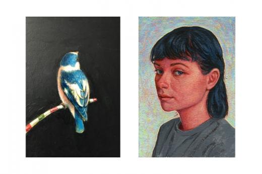 A realism colour pencil portrait of a blue bird and a portrait of a girl with short dark hair