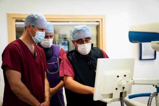 3 men looking at a screen, wearing surgical scrubs and masks. The man on the left is the Duke of Cambridge, and the Man on the right is Dr Nicos Fotiadis from The Royal Marsden
