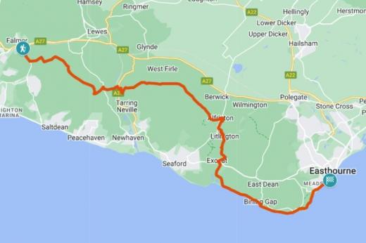 A map of the challenge route along the South Downs Way from Falmer to Eastbourne