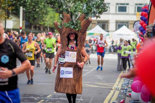 Rob Duncombe running the London Marathon dressed in an Oak Tree costume