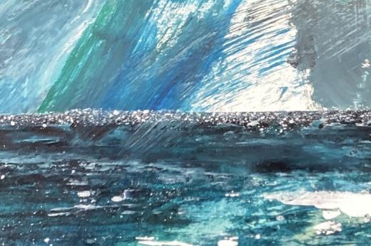 A painted scene of a sea and sky with blue acrylic paints