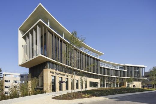 The exterior of the Oak Cancer Centre on a sunny blue-skied day