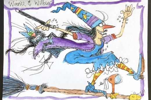 Colourful painting of witch riding a broomstick