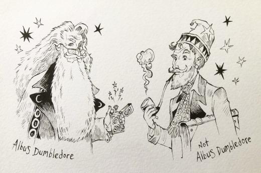 Ink drawing of two wizard-like men