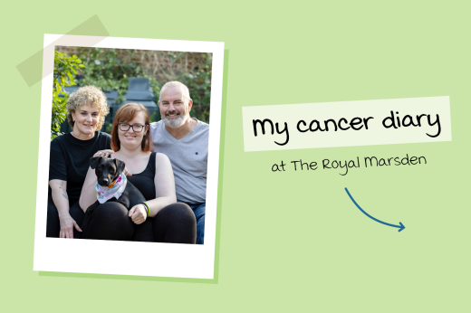 "My Cancer Diary at The Royal Marsden" with a polaroid of Zoe and her family