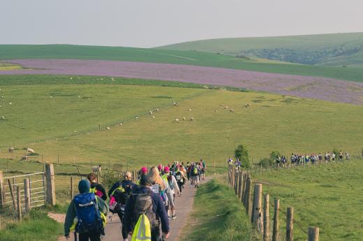 RMCC trekkers walking in a line with hills and fields and sheep in the distance