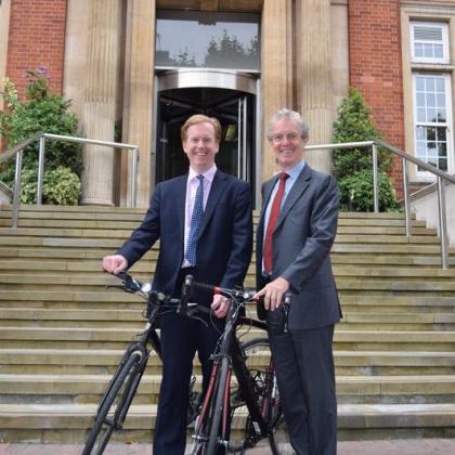Stuart James and Ian Smith with their commuter bikes outside the steps of The Royal Marsden Hospital, Chelsea