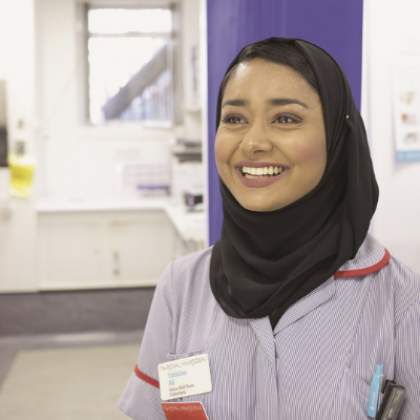 Image of smiley Tahmina, a Senior Staff Nurse at the Royal Marsden Hospital.