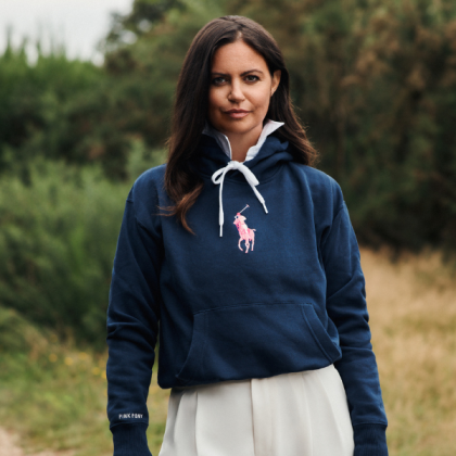 Deborah James, one of Pink Pony's supporters, standing in a one of the collection's hoodies