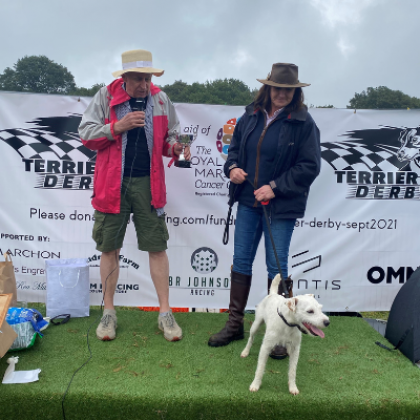 Bob Pain presents a trophy at the Terrier Derby fundraiser