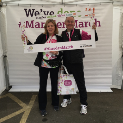 Laura and her husband at The Banham Marsden March finish line photo booth