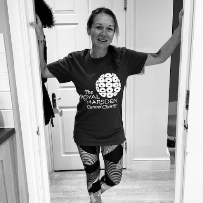 Tara in her Royal Marsden Cancer Charity fundraising t-shirt for the Jog 40 miles in January challenge