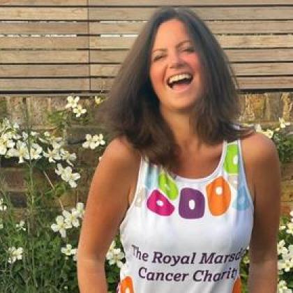 Deborah James, also known as Bowel Babe. Pictured here smiling, wearing a Royal Marsden Cancer Charity fundraising shirt