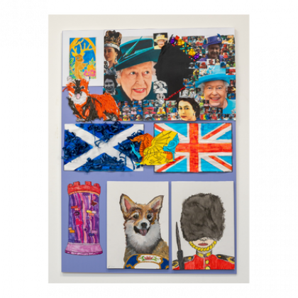 Artwork showing drawings of The Queens household guard, a corgi, a collage of The queen and more