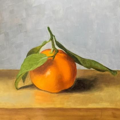 Still life titled 'Easy Peeler' post card of an orange with leaves 