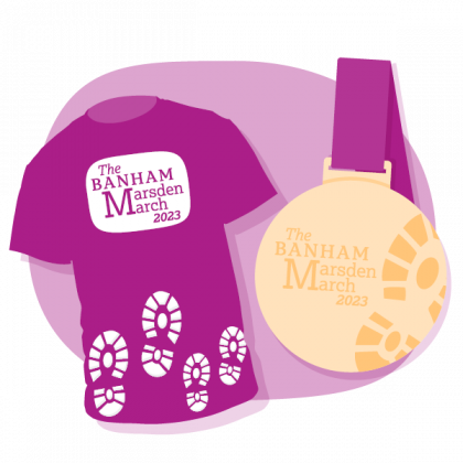 A pink illustration of the 2023 Banham Marsden March and medal design. 