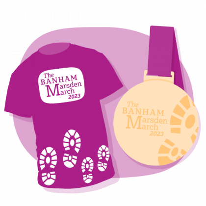 A pink illustration of the 2023 Banham Marsden March and medal design.