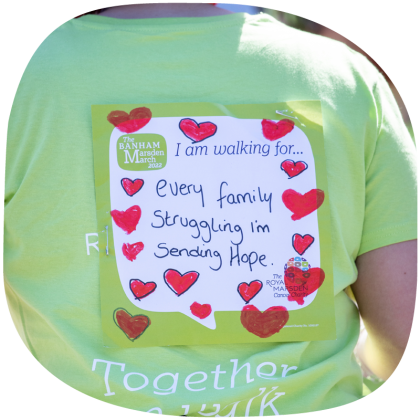 The decorated back panel of a Banham Marsden March walker. The Panel is personalised with hearts and has written on it - 'I am walking for every family struggling - I'm sending hope'