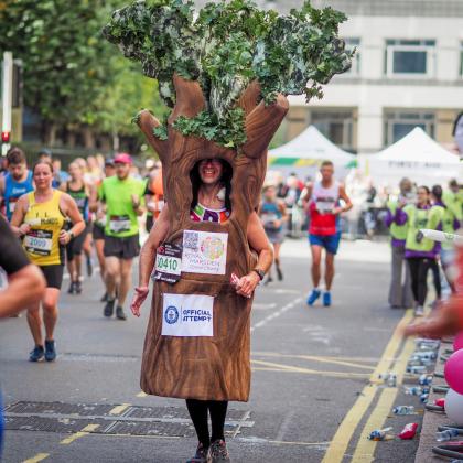 Rob Duncombe running the London Marathon dressed in an Oak Tree costume