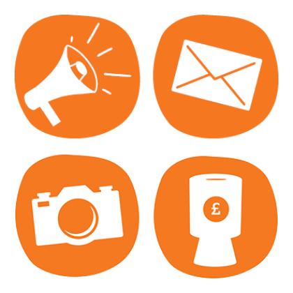 Four orange cartoon icons representing fundraising and promotion - a camera, envelope, speakerphone and collection box