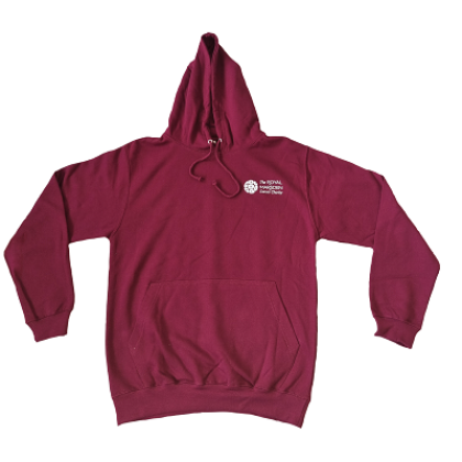 A burgundy coloured hoody with Royal Marsden Cancer Charity logo 