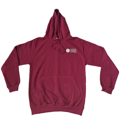 A burgundy coloured hoody with Royal Marsden Cancer Charity logo