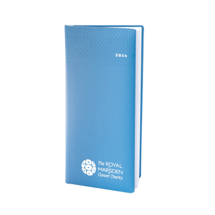 A thin pocket diary for 2024 with a blue cover that with The Royal Marsden Cancer Charity logo