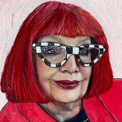 A painting of a woman's face with red hair and glasses