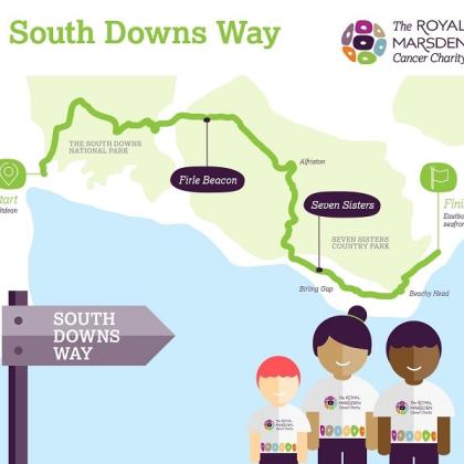 Cartoon drawing of a route map that starts in Salt Dean, travels along the south coast of England and finishes in Eastbourne