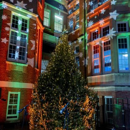 A large Christmas tree, lit up in front of The Royal Marsden hospital in Chelsea.