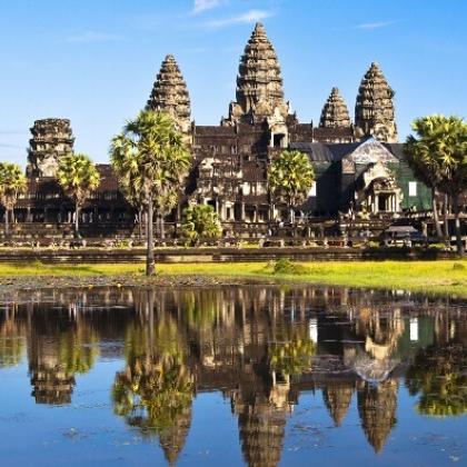 Scenery on Saigon to Angkor Wat Cycle depicting a temple with lake 