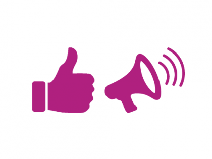 icon of loudhailer and thumbs up sign