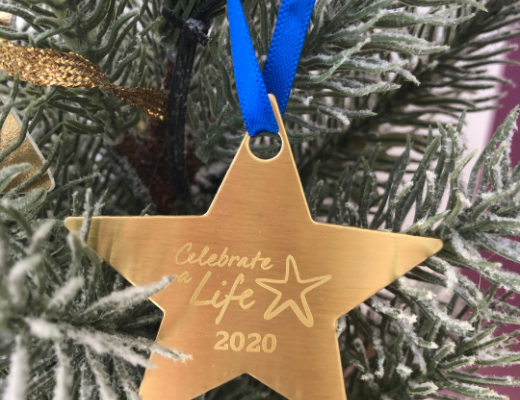 Image of a Celebrate a Life's star hanging on a Christmas tree