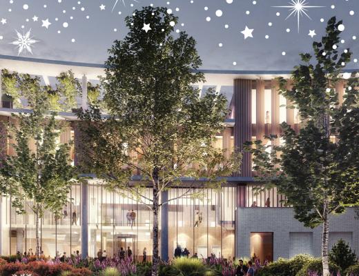 Building at night, starry sky